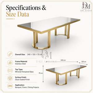 Table à manger élégante en acier inoxydable doré avec plateau en verre miroir et base en U ouverte, fournisseur en gros pour mariages et hôtels - Product Image 5