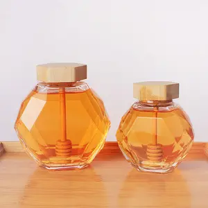 380Ml Honey Pot Glass Honey Hexagon Jar With Dipper