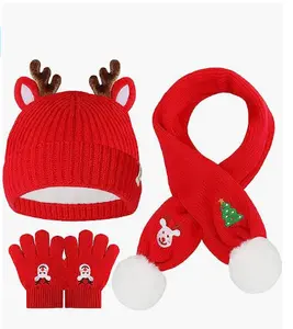 Christmas Children Knitted Hat Scarf Gloves Set Winter Warm Crochet Beanie Women Thick Pom Pom Hats Mittens Set