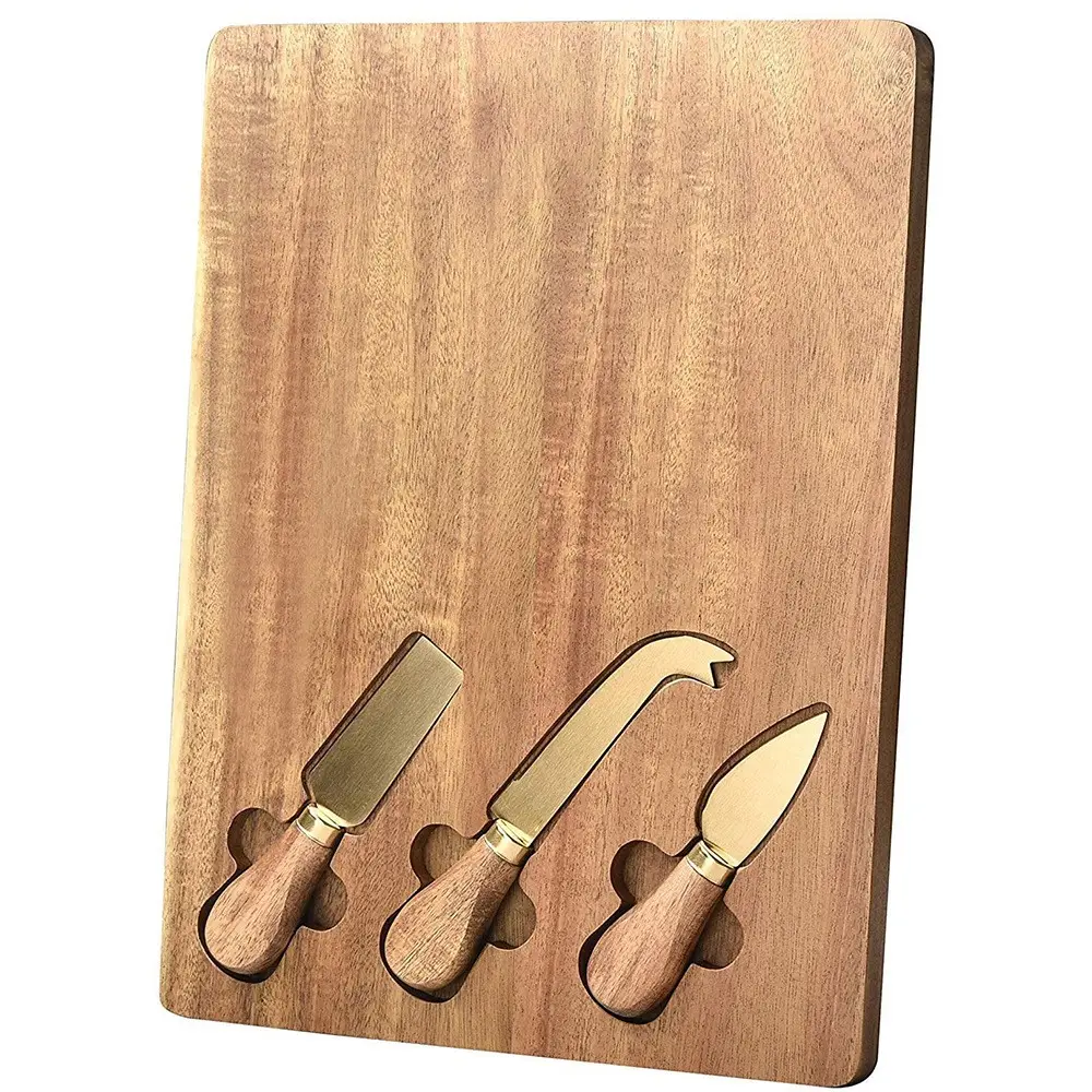 New Style Akazien holz Schneide brett mit Gold Käse messer Sets Brot Käse Servier brett