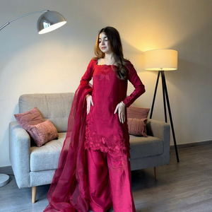 Conjunto de Salwar Kameez Indio-Pakistaní, Vestido de Seda con Bordado Floral, Pantalón y Dupatta para Bodas y Fiestas, para Mujer - Product Image 1