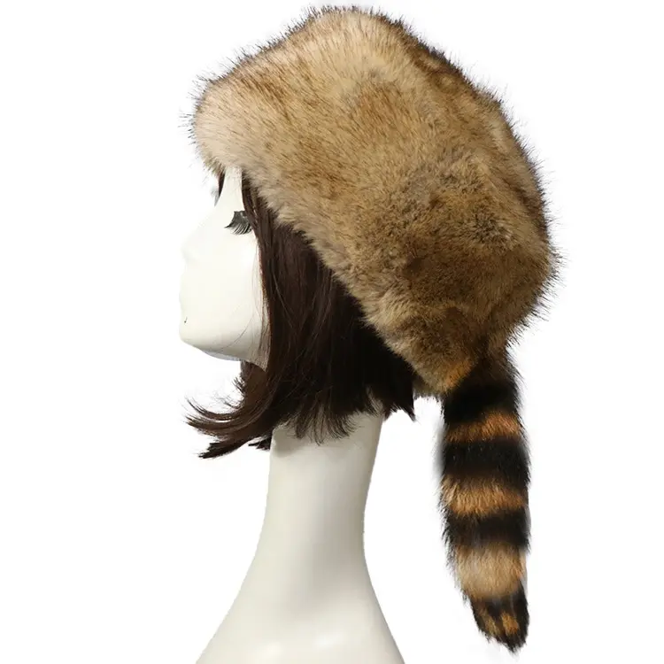 2024 Raccoon Fur High Quality Style Faux Fur Warm Hats With Tail Hat Women Winter Fur Hat