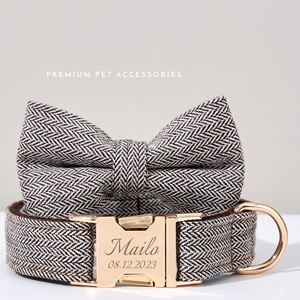Weiches Baumwoll-Hanf-Hunde halsband Metalls chnalle Verstellbares personal isiertes ID-Logo Fischgräten-Tweed-Geschirr Hunde halsband und Leinen-Set - Product Image 4