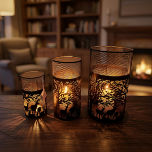 Sonnet Decor Porte-bougies cylindriques en fer, motif cerf et forêt découpé, résistant à la chaleur, fait main, décoration d'intérieur, lot de 3 - Product Image 1