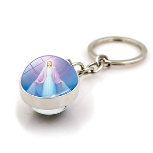 Custom Various Patterns Are Available for Double-sided Crystal Glass Ball Key Ring Virgin Mary Time Gemstone Keychain