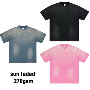 เสื้อยืดคอตตอนหนาน้ำหนัก 270 กรัม สำหรับผู้ชาย ขายส่ง แบบเปล่า ล้างสีแบบแอซิด ทำสีซีด ทรงโอ-เนค แขนสั้น สตรีทแวร์แบบสั่งทำ คอเสื้อหนา - Product Image 1