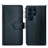 Étui portefeuille magnétique en cuir PU avec fermeture éclair et sangle pour Samsung S25 Ultra, avec porte-cartes pour femmes et hommes