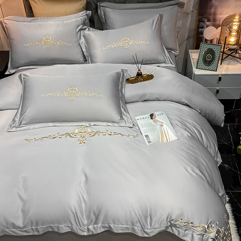 Wholesale wedding bed sets luxury bedroom duvet cover bedding set quilt cover soft king solid color bed sheet embroidery sheets