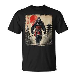 Camiseta con diseño de Guerrero Samurái Gorila, Arte Japonés, Sol Rojo, Diseño de Armadura Japonesa - Product Image 1