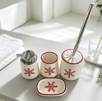 Ensemble d'accessoires de salle de bain en céramique rectangulaire à motif flocon de neige de Noël, 4 pièces : distributeur de savon, gobelet, porte-savon, porte-brosse de toilette