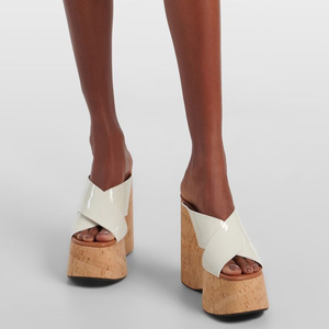 Escarpins imprimés en <span class=keywords><strong>bois</strong></span> pour femmes, talons compensés, sandales à bande de brevet, robe, plate-forme tressée, chaussures mules à enfiler - Product Image 1