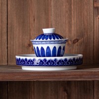 Service à thé en porcelaine bleue, ensemble de cinq pièces, avec tasses à couvercle, en céramique, motif feuille de riz, décor sous glaçure, moderne, portable, idéal pour cadeaux d'affaires