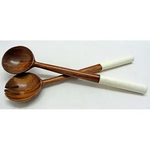 Sheesham-Juego de cuchara y tenedor de madera, con mango de resina de color blanco