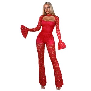 Nuova Tuta Intera in Pizzo Moda Autunno Inverno, Abbigliamento Femminile con Scollatura Profonda, Sexy, Traforata, <span class=keywords><strong>Maniche</strong></span> a Campana e Pantaloni Lunghi - Product Image 5