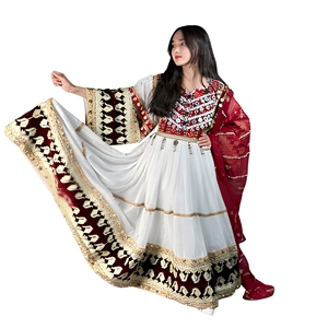 Traditional Pashtun Dress Women Casual Dresses <b>White</b> Georgette Velvet Maroon Embroidered Border Mirror Work Ethnic <b>Maxi</b> Long Gow - Product Image 1