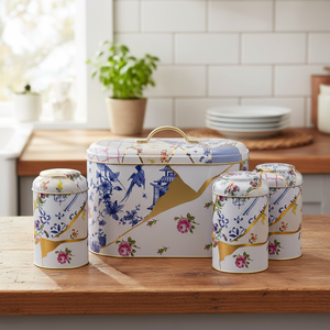 ชุดกล่องดีบุกทรงกลม4ชิ้นฝาโดม kintsugi ดอกไม้หลอดเลือดดำสีทองดีไซน์แบบ kint sigi - Product Image 3