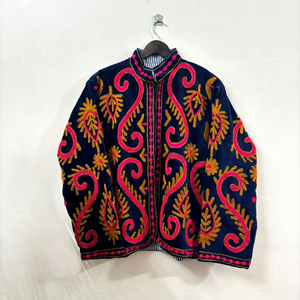 Luxury Navy <b>Velvet</b> Embroidered Suzani <b>Jacket</b> With Floral Pattern Full Sleeve Stand Collar Bohemian <b>Women</b> Winter Outerwear - Product Image 1