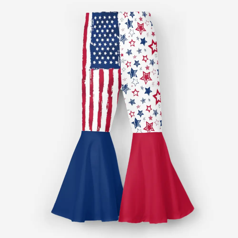 Manufacturer Independence Day Milk Silk Pants Flag and Star Printing Girls Clothing Flared Trousers