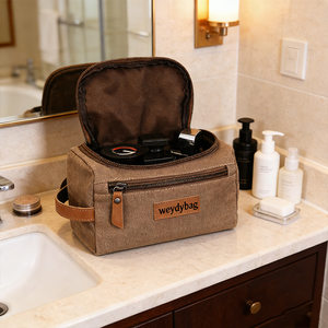 Sac de toilette en toile et <span class=keywords><strong>cuir</strong></span> de luxe avec logo personnalisé, organiseur de rasage pour <span class=keywords><strong>homme</strong></span>, sac cosmétique minimaliste, sac de voyage imperméable - Product Image 5