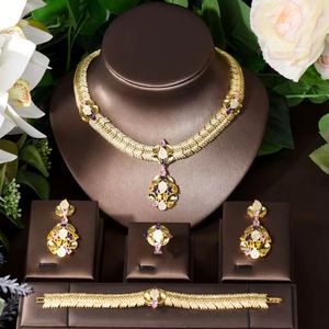 HIBRIDE, 4 Uds., collar grande de Zirconia cúbica africana para mujer, fiesta de boda, Dubai, conjuntos de joyería de lujo chapados en oro para novias, - Product Image 2