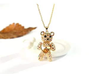 Fashion Gold plated jewelry crystal love heart bling teddy bear necklaces for women