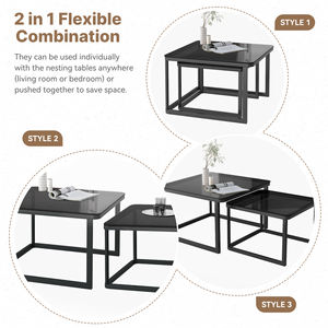 Ensemble de tables basses gigognes modernes en verre, 2 carrées, multifonctionnelles, combinaison étanche avec pieds réglables, mobilier de salon - Product Image 4