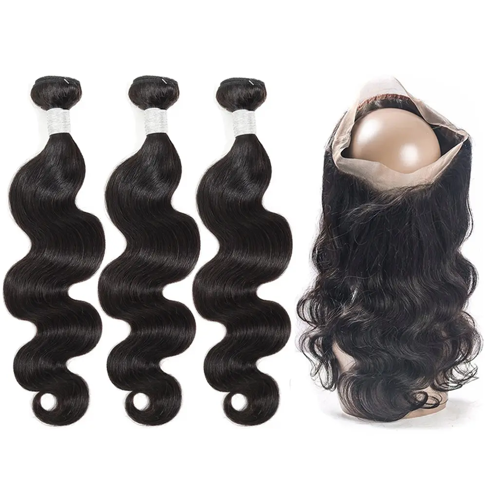 360 Degree Lace Frontal Closure With Bundles Indian Body Wave Hair, Lace Wigs Cap 360 Frontal Closure With Bundles Remy Hair