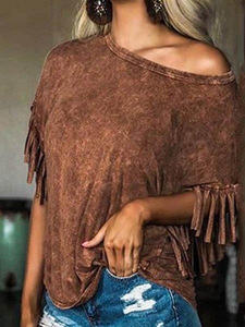 Summer Brown Tassel Fringe Short Sleeve Tee Tops Loose T Shirts Cowgirl Western Clothing Women - Product Image 2