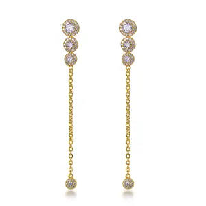 18k gold 3ball chain earring ladies luxury full diamond tassel long earrings long chain pendant earrings