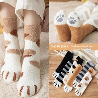 Chaussettes hautes en polaire corail pour femme, antibactériennes, épaisses et chaudes, motif patte de chat mignon, polyvalentes pour la maison