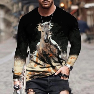 T-shirt Slim Fit a manica lunga stampa <span class=keywords><strong>2022</strong></span> da uomo nuova camicia Vintage intrecciata 3d con stampa t-shirt da uomo cavallo - Product Image 5