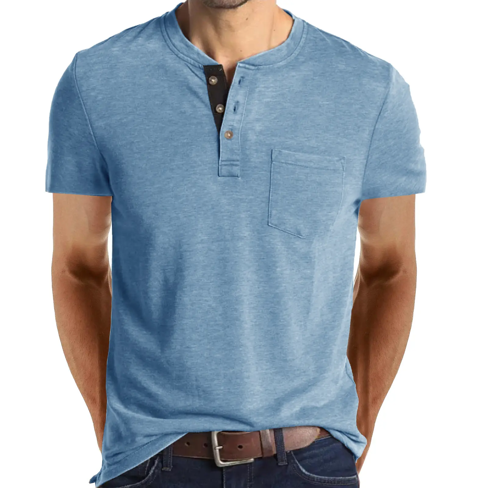 جودة عالية القطن غسل حمض خمر أزرق اللون هينلي قميص مطبوعة الرقمية جيوب الصدر كبير الحجم تي شيرت في حجم كبير