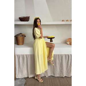 Vestido largo de muselina amarillo con cuello redondo, corte holgado, cintura natural, tejido transpirable, vestido informal para el tiempo libre. - Product Image 1