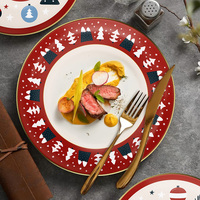Service de vaisselle de Noël en porcelaine fine, assiettes rouges et bleu marine avec bord doré, pour la maison, les dîners en famille, les cadeaux, les fêtes, vente en gros de vaisselle