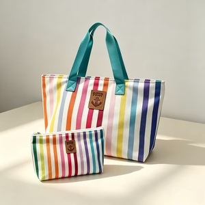 Conjunto de Bolsos de Lona Impermeable con Rayas de Arcoíris, Bolsa de Compras de Tela Resistente + Bolsa de Maquillaje con Cierre para Mujer, para Viajes - Product Image 3
