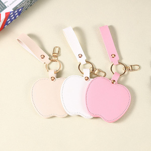 Small Hand Pocket Compact Portable Makeup <b>Mirror</b> Keychain Custom logo PU Leather pink Apple-Shaped <b>Mirrors</b> Keychain Key Rings - Product Image 5