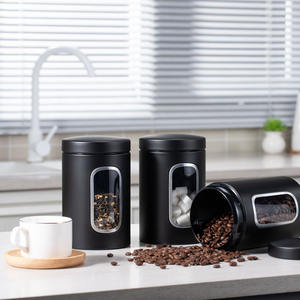 Wholesale Modern <b>Set</b> of 3 Piece Black Metal Sealed Food Storage With Window Kitchen <b>Coffee</b> Beans <b>Tea</b> <b>Sugar</b> Canisters Container - Product Image 4