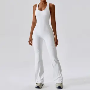 CLT8117 Women's Yoga Bodysuit With Loose Leg 1 Piece Tummy Control Jumpsuit With Back Hole Rompers Sports Workout Playsuits