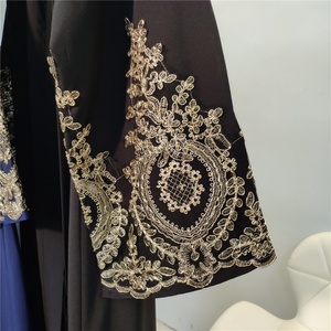 1495# Modest Navy Black <b>Abaya</b> with Gold Embroidery Lace Breathable Spring Summer Occasion Islamic <b>Abaya</b> Dubai Design - Product Image 4