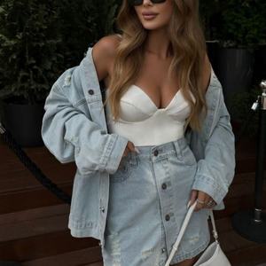 Conjunto Casual de Dos Piezas para Mujer, Chaqueta Vaquera Azul Claro con Minifalda, Conjunto de Falda Vaquera para Mujer - Product Image 1