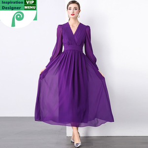 Robe longue élégante pour femme, prête à être expédiée, jupe plissée violette tendance, manches longues, col en V, pour les soirées. - Product Image 1