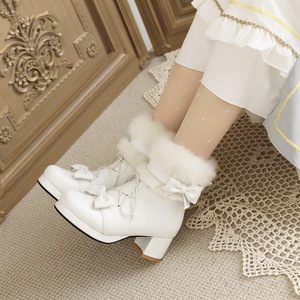 Botines de piel sintética blanca con puño de pelo, doble lazo frontal, cordones, punta redonda, plataforma y tacón medio de bloque, estilo dulce para chicas, envío directo - Product Image 5
