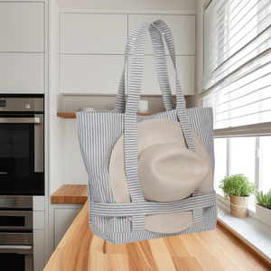 21-Inch Personalized Casual Shoulder <b>Bags</b> Blue Stripe Cotton Tote <b>Bags</b> Hat Carrying Travel Handbag <b>Foldable</b> <b>Beach</b> <b>Bag</b> For Summer - Product Image 3