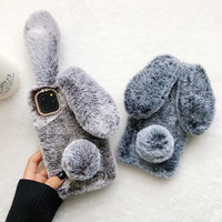 Mignon Oreilles De Lapin De Fourrure En Peluche Cas de Téléphone Pour iPhone 13 12 Mini 11 Pro Max XS Max XR X SE 2020 6S 7 8 Plus Chaud En Peluche Cas