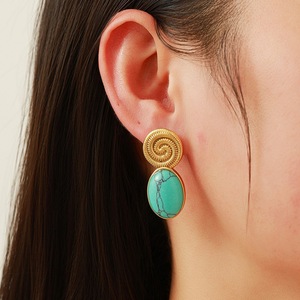 Stainless Steel <b>Stud</b> <b>Earrings</b> With <b>Turquoise</b> Inlay Geometric Design 18k Gold Plated Bezel Setting For Women Fashion Jewelry - Product Image 2