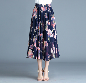 プリントシフォンロングスカートハイウエストプリーツスカートハイウエスト薄い壊れた花スカート女性用 - Product Image 3