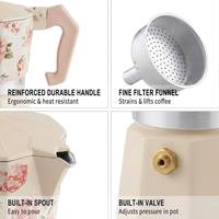 Ensemble de cafetière Moka en aluminium à motif personnalisé avec 2 tasses en céramique, thème floral français, vente en gros, coffret cadeau boutique, cadeaux en vrac, OEM