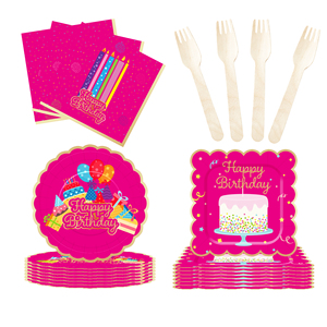 DAMAI New <b>Pink</b> Wave Gold Lace Happy Birthday Cake Theme Disposable Paper Plates Cups and Napkins Birthday Supply - Product Image 2