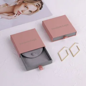 Joyero y bolsa de embalaje de cajón de anillo de cartón de papel rosa pequeño personalizado con logotipo impreso