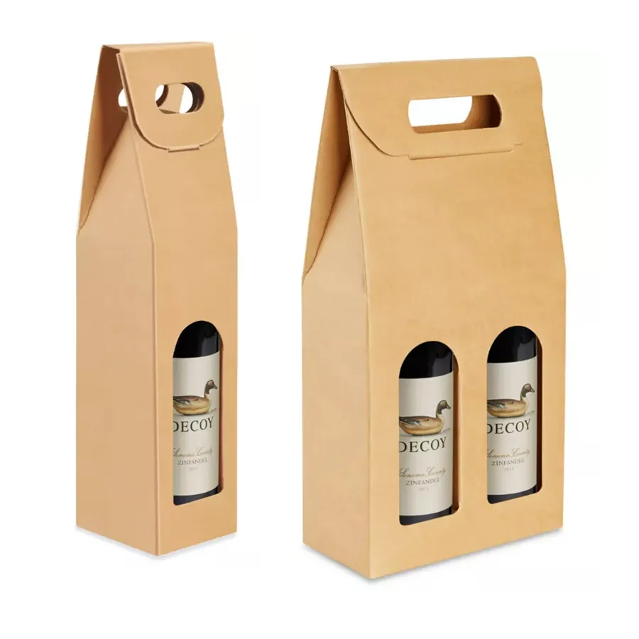 Sac en papier transporteur de vin kraft personnalisé 2 bouteilles pour établissements vinicoles cadeaux sac en papier carton avec poignée de transport de fenêtre découpée à l'emporte-pièce